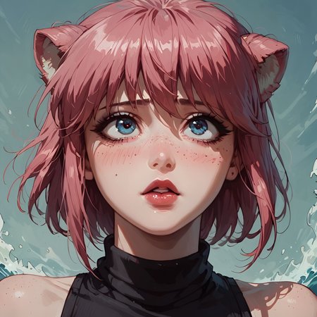 score_9, score_8_up, score_7_up,  pinup girl pose,seductive, lucy, 1 sexy girl, pink hair, bob hair, wave hair, makeup, lipstick, big round eyes, turtleneck, looking up, (blushing:1.1), shy, rounded eyes, (perfect eyes:1.2),  small breasts, cleavage, perfect face, (curvy body:1.3), semi realistic, heavy freckles,   simple background, 80s, retro, emo, goth, eyelashes  closeup shot, close up, macro shot, <lora:Concept Art Twilight Style SDXL_LoRA_Pony Diffusion V6 XL>  <lora:Expressive_H-000001><lora:add-detail-xl> <lora:Char-LucyEL-pony.safetensors:0.8> <lora:GTHAN.safetensors:0.3> <lora:KenvaRetro.safetensors:0.3>, , ,