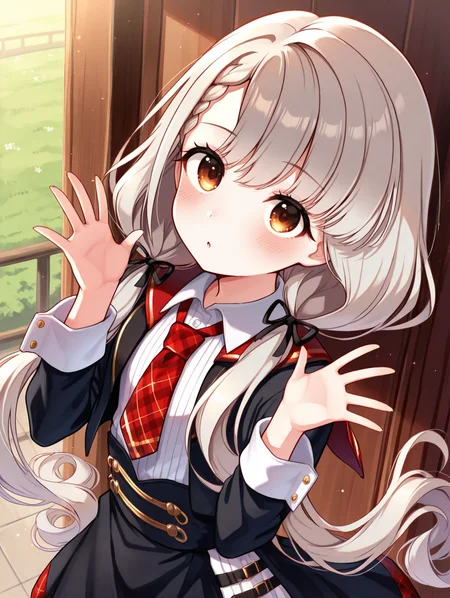 masterpiece,best quality,very aesthetic,absurdres,highres,newest,
hskwng blackdress,hisakawa nagi, asymmetrical bangs,belt,belt buckle,black belt,black dress,black ribbon, blush,braid,buckle, collared shirt,dress, eyelashes,brown eyes,grey hair, hair ribbon,long hair,long sleeves,low twintails, necktie,parted lips,plaid necktie,red necktie, red sailor collar,ribbon,sailor collar,shirt,
eye_focus,<lora:eye_focus:1>,
<lora:idolmaster_hisakawa_nagi_idoloutfit_ill_v1.0:1>,
