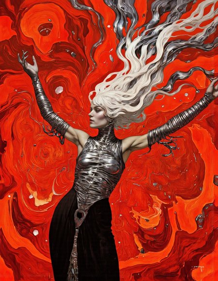 Art by Gerald Brom. A digital illustration shoot from below about a stylized, fantastical depiction of a woman with long, flowing white hair and a twisted, metallic appearance, suspended in the middle of the image. the woman, who appears to be in her mid-twenties, has a slender physique and is wearing a sleeveless, form-fitting black dress that accentuates her curves. her hair is styled in a way that frames her face, and she has a serene expression on her face. she is positioned in the center of the frame, with her arms stretched out to the sides, giving a sense of balance and power. the background is a vibrant, abstract red with swirling patterns, adding to the surreal and fantastical feel of the artwork. the artist's signature, "bron," is visible in the bottom right corner, adding a touch of authenticity to the overall composition.