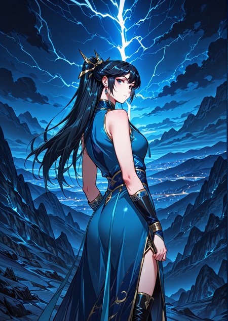 <lora:Wang_Zijin__I_am_the_Fated_Villain__Illustrious:1>
1 girl, solo, ponytail, long hair, bangs, black hair, blue eyes
chinese clothes, blue dress, black boots, jewelry, hair ornament, earrings, hair ornament, rare shoulders
score_9, score_8_up, score_7_up, source anime, BREAK,  cowboy shot, (from side), looking back, looking at viewer, overlooking mountain, high altitude, scenery, exterior, background, (solo), perfect hands, night, lightning  <lora:iLLMythG0thicL1nes:1>