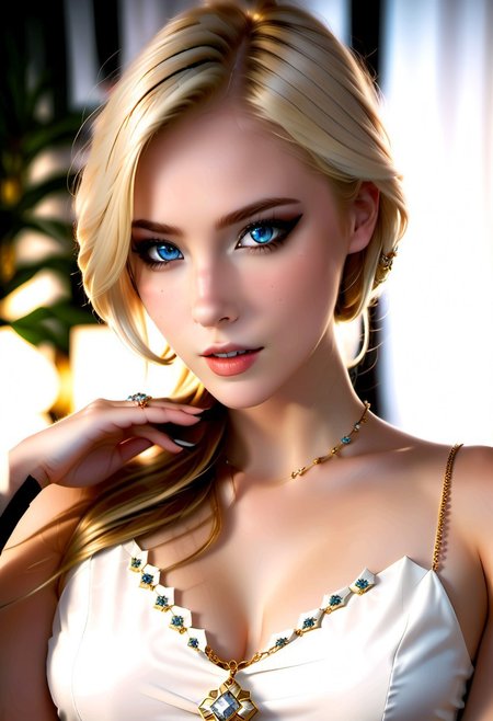 photo of a girl 
 <lora:lunafreya_nox_fleuret_ilxl_goofy:1> lunafreya nox fleuret, 1girl, solo,blue eyes, jewelry, necklace, dress, looking at viewer, lips, upper body,sleeveless, white dress,
thorough, analog style, eye focus, highest quality, highly detailed skin, perfect face, alluring eyes, skin pores, perfect natural skin, indoor, bokeh, sharp focus, photographed on a Sony A7R IV, 18mm F/1.7 cine lens, highly detailed, intricately detailed, 64k, UHD, seductively posing, front view, very realistic face, Authentic face, ((ultrasexy):1.3)