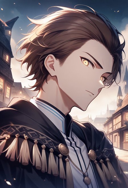 (best quality, masterpiece), 1 boy,18 years old, medieval village, dark mood, Arrogant,
brown hair,textured fringe, no bangs, blue and white color student uniform
 , looking at viewer, Unobtrusive golden eyes, Dull golden eyes,
