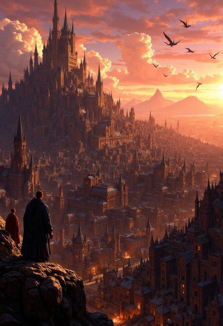a medieval-style cityscape at sunset. The layout features a sprawling city with a large, ornate castle on the left, characterized by multiple spires and turrets. The city is densely packed with rustic buildings, their rooftops varying in height and style, creating a complex, layered appearance. In the foreground, three figures in cloaks stand on a rocky outcrop, observing the scene. The sky is filled with warm hues of orange and pink, casting a dramatic light over the landscape. Several dragon-like creatures soar through the sky, adding a sense of fantasy and adventure. The overall atmosphere is mystical and immersive, capturing the essence of a fantastical world.