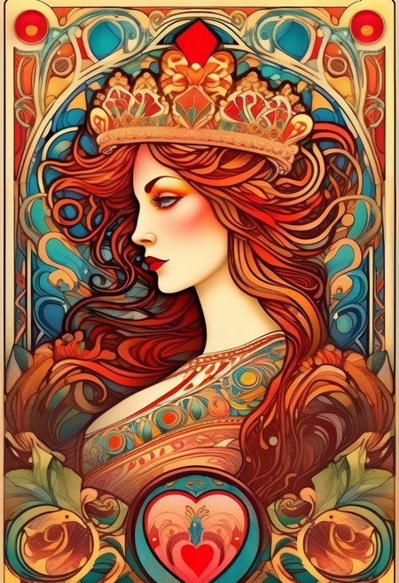 Playing card Queen of Hearts face card. Unique, artistic art nouveau, Alphonse Mucha Style page, lion king style art, colorful, detailed, 8k