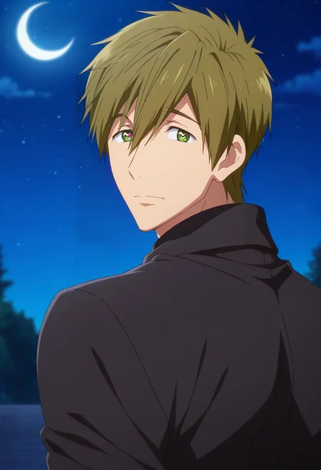 masterpiece, best quality, , anime screencap, anime coloring, official style, , 1boy, solo, male focus, <lora:makoto_tachibana_ilxl:0.94>, makoto_tachibana, brown hair, green eyes, hair between eyes, tachibana makoto, straight-on, death valley, night, crescent moon, looking back, heart eyes, burglar costume