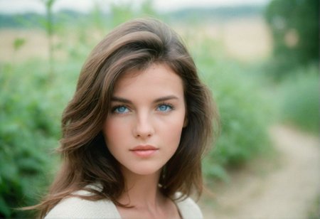 ((CinematicPortrait analog photo)) brunette  woman outdoors, blue eyes, (), ((soft focus, depth of field, film grain, looking at viewer)) <lora:CinematicPortraitXL_v3:0.65>