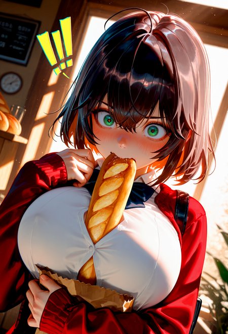 HDR, 8K, high contrast, masterpiece, best quality, amazing quality, very aesthetic, superabsurd res, high resolution, ultra-detailed, absurdres, newest, scenery, (horikoshi kouhei:0.3), (quasarcake:0.3), (wlop:0.3), light rays, chiaroscuro, dynamic angle, upper body, wide angle, solo, tm_shtephi, 1girl, green eyes, short hair, bangs, brown hair, black hair, hair between eyes, ahoge, huge breasts, school uniform, red cardigan, open clothes, white shirt, bursting breasts, skindentation, deep skin, sleeves past wrists, object hug, finger nails, eating, food in mouth, holding bag, bread, paper bag, baguette, wide eyes, surprised, guilt, !!, embarrassed, looking at viewer, wavy mouth, drooling, inside, cafe, window, plants, golden hour, sunbeam, dappled sunlight, crack of light, backlighting, partially illuminated, Intricately designed, Mysterious Shadows, BREAK, photorealistic, beautiful detailed eyes, detailed skin, detailed hair, volumetric lighting, dappled light, light particles, dramatic shadows, cinematic lighting, photo background, (depth of field:1.3), <lora:ponyxl\cfg_scale_boost:0.8> <lora:IL\KMS_TM_Shteph_v2_IL-000005:0.8>