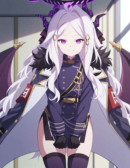 score_9, score_8_up, score_7_up, source_anime, <lora:hina-sorasaki-s1-ponyxl-lora-nochekaiser:1>, hina sorasaki, purple eyes, white hair, halo, ahoge, parted bangs, long hair, very long hair,, armband, black gloves, coat, coat on shoulders, demon horns, demon wings, fur collar, gloves, hair ornament, horns, long coat, military uniform, miniskirt, multiple horns, side slit, thighhighs, uniform, wings, zettai ryouiki,, indoors, bent over, smile,, looking at viewer, solo, cowboy shot, dutch angle