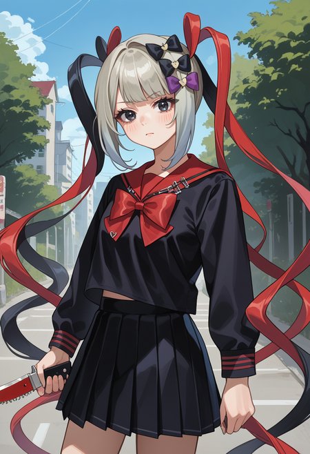 score_9, score_8_up, source_anime, 1girl, solo, KAngelDark, black eyes, multicolored hair, grey hair, red hair, black hair, very long hair, quad tails, black hair bows, black serafuku, red sailor collar, long sleeves, red bowtie, black skirt, holding knife, outdoors, <lora:ChamKAngelPonyXL:1>