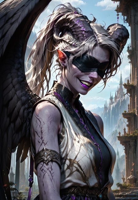 (absurdres, best quality, masterpiece:1.4), 
score_9, score_8_up, score_7_up, score_6_up, 
detailed, 
detailed body, 
detailed face, 
fantasy, 

female, 
tiefling, 
h0rns, 
ram horns, 
black horns, 
tall, 
((((purple skin)))), 
((long grey hair, ponytail)), 
(((wingsd, black wings))),

one arm behind head, 
soft smile,

(white robe, sleeveless, 
blindfold, black cloth blindfold), 

depth of field, 
outdoors, 
mountain temple, 
upper body