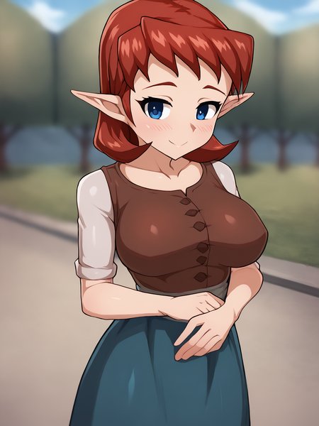 score_9, score_8_up,sharp focus,,  absurdres, highres, illustration, depth of field, outdoors, anjuxl, 1girl, solo, breasts, looking at viewer, blush, smile, short hair, blue eyes, skirt, large breasts,  dress, collarbone, red hair, pointy ears,  <lora:anjuxl:1>   <lora:wagashi-lyco-pony:1>