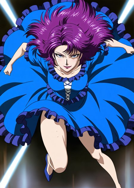 best quality, very aesthetic, absurdres, zPDXL, depth of field, volumetric lighting, BREAK
full body,  
perfect face, ultra-detailed face, perfect eyes, detailed eyes, light smile, 
1girl, solo,
<lora:lady_joe:0.8>ladyjoe, purple hair, blue dress, frills,