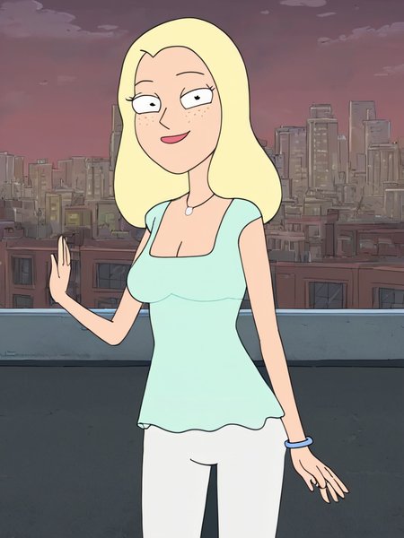 <lora:DianePony1.0:1> diane, 1girl, blonde hair, solo, freckles, long hair, necklace,white pants breasts, cleavage, aqua shirt, smile, bracelet,looking at viewer,  city,