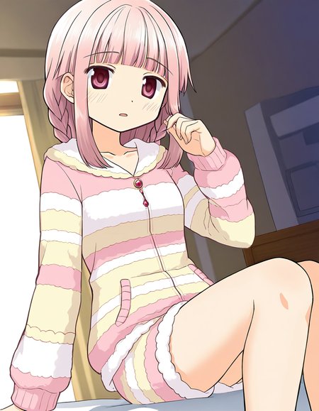 masterpiece, best quality, newest, absurdres, highres, safe, 1girl, tamaki iroha \(pajamas costum\), magia record: mahou shoujo madoka magica gaiden, solo, indoors, dutch angle, <lora:tamaki_iroha_noobaiXLNAIXL_vPred10Version:0.7>