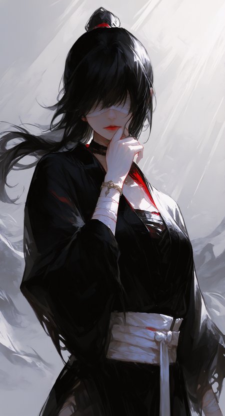 masterpiece, best quality, good quality, very aesthetic, absurdres, newest,1girl, solo, hanfu,long hair, black hair, long sleeves, closed mouth, jewelry, ponytail, choker, hand up, grey background, black hanfu, bracelet, torn clothes, White sash, black choker, chinese clothes, facing viewer, Black bandages over eyes, red lips, hand to own mouth, covered eyes, wind, sunlight <lora:spo_sdxl_10ep_4k-data_lora_webui:0.6> <lora:ponyv5_noobV065S_1_adamW-000013:0.7> <lora:USNR_STYLE_XL_lokr:0.45> <lora:GBF_Illustrious:0.4> <lora:748cmSDXL:0.8> <lora:96YOTTEA-WAI:0.45>