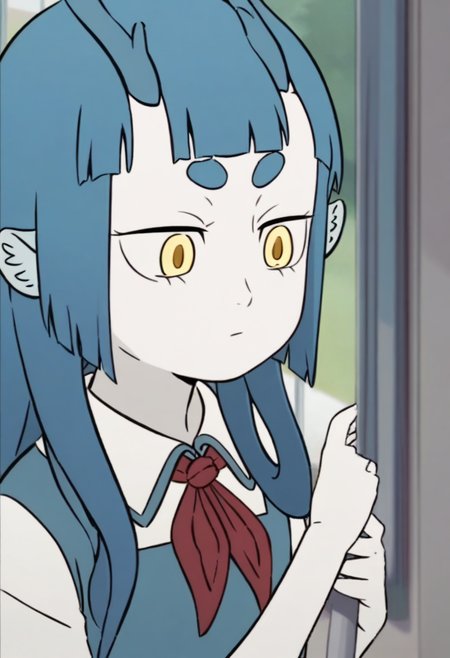 <lora:longnu:1>,longnu,1girl,horns,blue hair,long hair,blunt bangs,yellow eyes,short eyebrows,animal ears,white skin,
shirt,white shirt,school uniform,collared shirt,short sleeves,red neckerchief,, masterpiece,best quality,amazing quality,absurdres, anime screenshot,