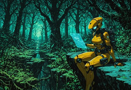 masterpiece, best quality, amazing quality,  high resolution, 1girl, solo, robot girl, (yellow body:1.2), muscular, sci-fi landscape, deadly forest landscape, unusual trees, thigh pouch, radio belt, tall science backpack, DRKWB, sitting on ledge in distance, wide shot, hologram notepad