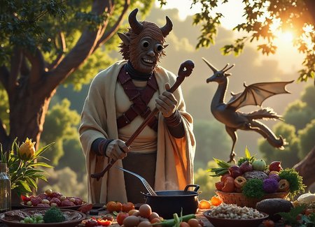 {"T5": ",A highly detailed, hyperrealistic photograph of a Tusken Raider, with a happy expression, standing in the midst of an enchanted forest, wearing modest, earth-toned robes, covered from shoulder to ankle, as a mystic chef, preparing a grand feast for mythical creatures, with an array of vibrant, colorful dishes and ingredients, including steaming vegetables, succulent meats, and exotic spices, with the Tusken Raider's detailed skin, face, and eyes, including the iconic mask, gazing upwards with a joyful smile, as they stir a large, bubbling cauldron, with a wooden spoon, in the warm, golden light of a setting sun, casting a gentle glow over the scene, with the camera positioned at a 45-degree angle, looking down on the scene, with the Tusken Raider placed at the intersection of the rule of thirds, and the background a lush, vibrant tapestry of trees, foliage, and mythical creatures, including a dragon, a unicorn, and a phoenix, all gathered around the feast, in a celebratory atmosphere,", "CLIP-L": ",Tusken Raider, mystic chef, enchanted forest, mythical creatures, happy expression, hyperrealistic, highly detailed, earth-toned robes, vibrant dishes, steaming vegetables, succulent meats, exotic spices, wooden spoon, bubbling cauldron, warm golden light, setting sun, rule of thirds, lush foliage, dragon, unicorn, phoenix, celebratory atmosphere,"}
<lora:Tusken_Raiders_-_Star_Wars_Flux:1.0>