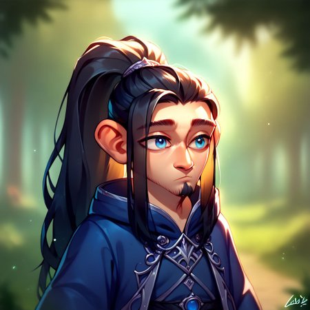 (((beautiful, high quality))), upper body, score_9, score_8_up, score_7_up, solo,
LomArtStyle,
Gnome, short stature, big eyes and ears, 1boy, blue eyes, blue robe, fantasy robe, Long hair, ponytail, long black beard,
Outdoor, fantasy background, nature, blurred background,