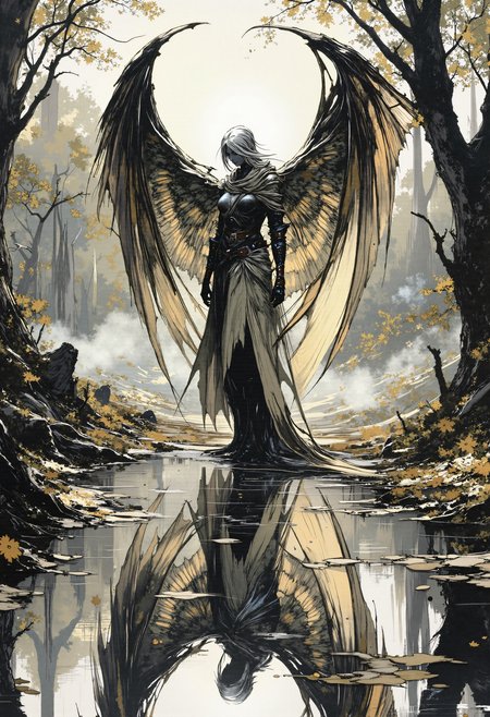 fg, dystopian style of a female angel with wings. Her white hair covers part of her beautiful face and upper body.
She wears a medieval beige elven hooded coat that reaches down to her knees and is cut off there.

She has large wings extending from her back. The symmetrical wings are menacing, with visible feathers; they are spread wide and fill the upper half of the picture.

She stands relaxed between scattered trees on a withered, grassy steppe. The ground is littered with leaves. At golden hour, autumn, autumn leaves.
Before her lies a small, tranquil lake, its surface like glass, reflecting her silhouette with a serene, mirrored precision. The reflection dances slightly with the gentle ripple of the water, capturing the ethereal beauty of the moment.

There is a misty or smoky atmosphere around the figure, giving the picture a mystical element. The picture is in a monochromatic scheme, mainly with shades of black, white and gray.
dystopian, highly detailed, bleak, post-apocalyptic, somber, dramatic