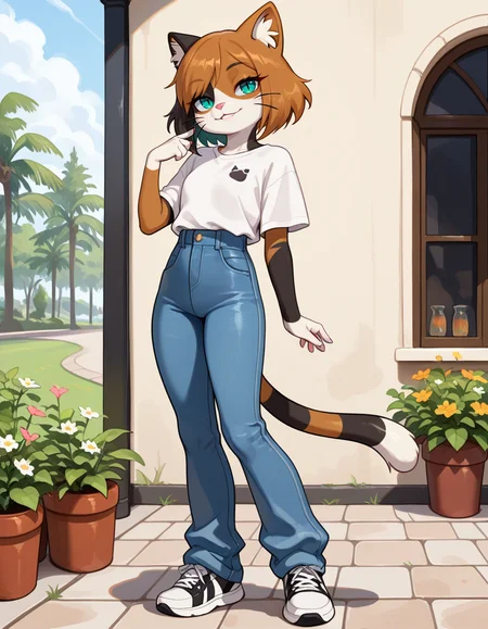 masterpiece, best quality, very aesthetic, absurdres,
outdoors, casual, 
full body, standing, posing, 
seductive smile, parted lips, long eyelashes,
 <lora:Kawa_v01_NAIXL:1>
K4w4,1girl,solo,furry,furry female,cat girl,short hair,multicolored hair,cat ears,aqua eyes,slit pupils,snout,animal nose,whiskers,body fur,two-tone fur,cat tail,striped tail,