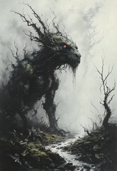 (masterpiece, best quality, hyper detailed, ultra realistic, 32k, RAW photo), masterful painting in the style of Anders Zorn | Marco Mazzoni | Yuri Ivanovich, Todd McFarlane, oil on canvas, perfect composition and chiaroscuro by Rembrandt, concept art by Mariusz Lewandowski, by Louis Aston Knight, by Karine Eibatova, by John Howe, by Jessica Rossier, by JarosÅaw JaÅnikowski, by Inessa Garmash, by HenriÃ«tte Ronner-Knip, by Harumi Hironaka,famous artwork inspired by (alan pollack:1.2) and (stephan martiniere:1.2), crystalline, fractal art, fantasy style, this peculiar life form, the "mossy zizzerjibberer" hides in the blibbering dense crystal jungles of the zibzorbled exoplanet "derpingbold iii", covered in a metallic exoskeleton it ambushes its prey with (long crystalline appendages:1.1) <lora:Desolation:0.8> <lora:add-detail-xl:0.8>