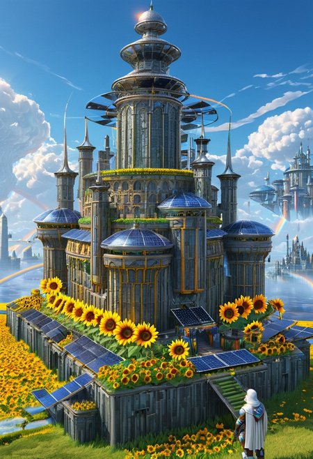 castle,
A traveler looking at a gigantic castle made of dozens of towers, medical, white, grass,matchcraft floating island , floating island, towers , sky , fly , cloud, solar punk,solarpunk ,solar panels, (sunflowers), rainbow