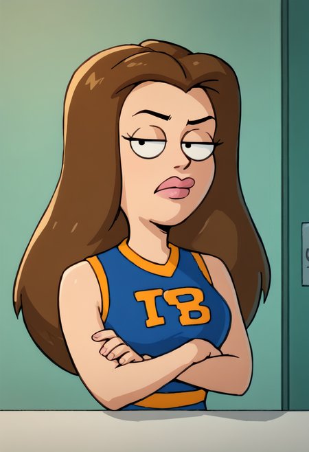 , looking at viewer, score_9, score_8_up, score_7_up, score_6_up, score_5_up, score_4_up  <lora:LisaSliverPony1.0:1>lisasilver, 1girl, brown hair, solo, crossed arms, long hair, sportswear,  upper body, sleeveless, shirt, sleeveless shirt, lips