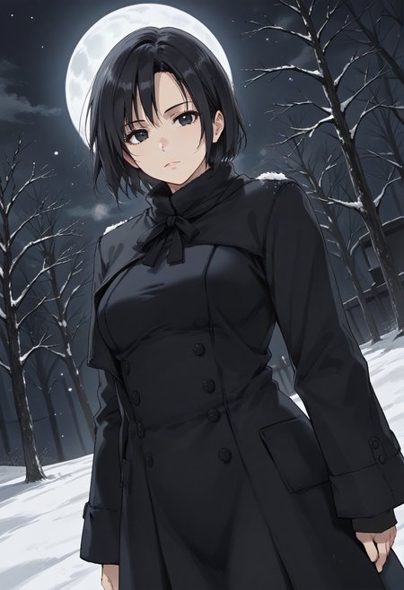 score_9, score_8_up, score_7_up, source_anime, rating_explicit BREAK 1girl, solo, black hair, short hair, black eyes, medium breasts, (long coat, black coat:1.1), black dress, long sleeves, skirt, outdoor, winter, snow, (moonlight, moon, dark theme, low light:1.3), night, dutch angle <lora:sdxl_lightning_8step_lora:1> <lora:Kirihara_Souko:0.7>