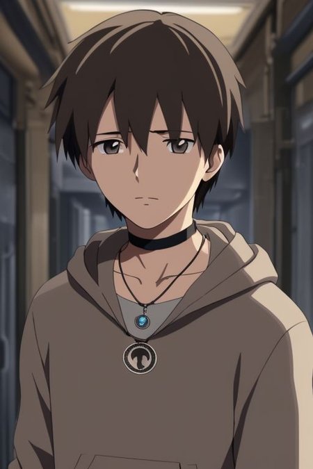 high resolution, solo, best quality, 1Boy, Takaki Toono, Brownish Hair, Brown Eyes, bangs, necklace, choker, hair between eyes, Hoodie, OverallDetail