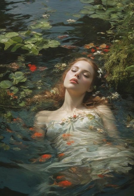 Ophelia's dream, Low saturation color photography, vintage, grunge, top light, masterful painting in the style of Anders Zorn | Marco Mazzoni | Yuri Ivanovich, Todd McFarlane, Aleksi Briclot, oil on canvas