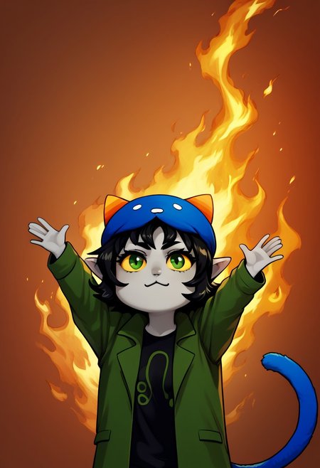 score_9, score_8_up, score_7_up, HD, best quality, masterpiece, detailed, EyeDetail, solo, 1girl, nepeta, black hair,  wavy hair, short hair, horns,  pointy ears,  horns, yellow sclera, green eyes, grey skin, colored skin, Cat hat, cat tail, black shirt, green jacket, arms up, fire, outstretched arms, upper Body, burning, chibi