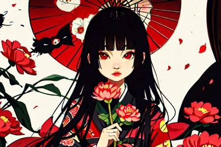 enma ai, hair down, hair black, bangs, eyes red, masterpiece, best quality, ultra-detailed, illustration, 1girl, solo, highres, photorealistic, ultra high res, (Original illustration composition), (fusion of limited color, Maximalism artstyle, kimono obi fashion, double exposure, background, illustration, Amazing, lily spider, night darkness, open one's mouth, flowers red, (polychromatic peony:1.15), Movie poster,