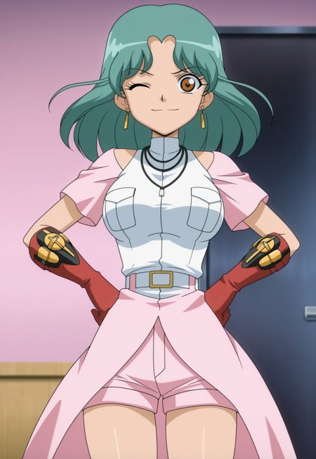 masterpiece, best quality, amazing quality, amazing quality,very aesthetic,absurdres,best quality,newest,masterpiece, breasts, anime screencap, anime artstyle, winking, happy, breasts, anime screencap, anime coloring,safe_pos, safe_pos, score_9, score_8_up, score_7_up, shirt, long skirt, gloves, hands on hips, Bakugan, earrings, Jewel, green hair, brown eyes, wavy hair, gloves, white shirt, pink shorts