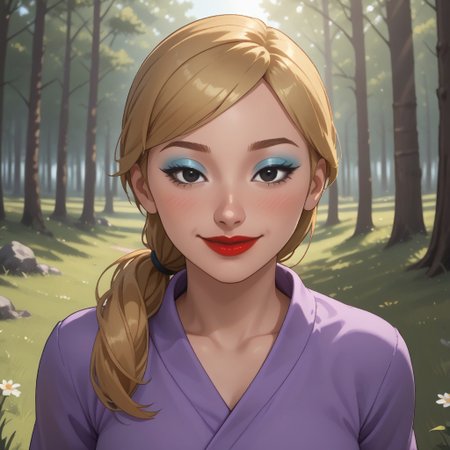 score_9, score_8, BREAK, solo, wii, mii, wii sports, 1girl, female mii, cute, attractive, blonde hair, brown eyebrows, makeup, blush, blue eyeshadow, red lips, lipstick, purple clothing, white pants, shoes, breasts, nintendo mii, modern_mii, classic_mii, Sayuri_(OC_Mii), black eyes, sexy pose, self portrait, smile, outdoors, sunlight, shadows, evening lighting, natural lighting, forest, trees, grass, orange sky, sunset