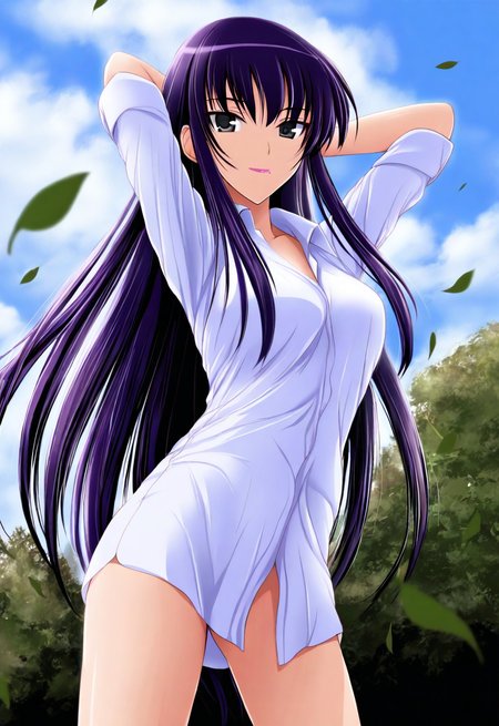 sui. \(ayase\), masterpiece, best quality, absurdres, highres,
<lora:osakabe_itoko_illustrious_xl_v1:1>, osakabe itoko, purple hair, long hair, sidelocks, black eyes,
solo, cowboy shot, front view, smile, lipstick, arms behind head, bare legs, white shirt, collared shirt,
outdoors, tree, falling leaves, blue sky, cloudy sky