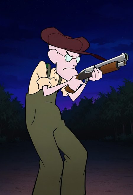 masterpiece, best quality, absurdres, anime screenshot, 1boy, male focus, solo, outdoors, night, Eustace, Bagge, Green overalls, yellow shirt, hat, glasses, grumpy expression, holding shotgun, aiming, double barrel shotgun,