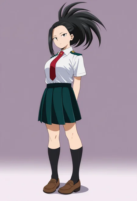 masterpiece, best quality, very aesthetic, absurdres,
yaoyorozumomo, 1girl, black eyes, black hair, ponytail, long hair, hair pulled back,
white shirt, short sleeves, u.a. school uniform, black socks, brown loafers, kneehighs, pleated green skirt, red necktie,
arms behind back, full body, standing, solo, looking at viewer, simple background , white background ,  <lora:MomoYaoyorozuNoobXL_byKonan:1>