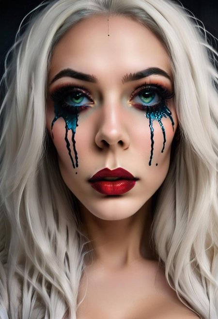 concept art, realistic, dark theme, low light. 1girl, solo, 18 years old.
Gorgeous sexy female. Beautiful feminine face, Long  hair, White hair, Green eyes. 
((TearsMakeUp)), ((Blue tears)), Red lips.
(Big breast), (Round breast:1.2).
