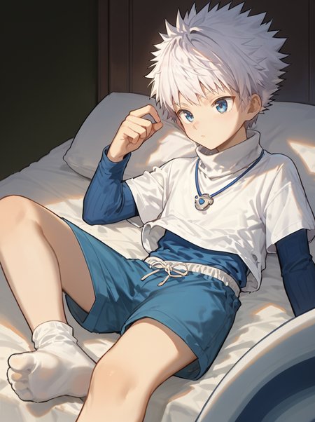 score_9,score_8_up,score_7_up,score_6_up,source_anime,masterpiece,(best quality),ultra detailed eyes,high-detailed,Ray Tracing,<lora:sora12:0.8>,killuazoldick,1boy,solo,male focus,shorts,white hair,blue eyes,shirt,long sleeves,layered sleeves,spiked hair,short over long sleeves,white shirt,short hair,short sleeves,bangs,turtleneck,blue shirt,grey shirt,bedroombed,lying,
<lora:Killua:0.9>,no shoes,white socks,