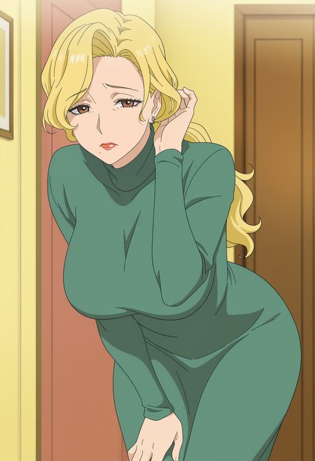 1girl,solo,mm,mature female,blonde hair,brown eyes,mole under mouth,long hair,earrings,large breasts,lipstick,anime coloring,
ponytail,turtleneck, green dress,leaning forward, hand in own hair, hand on own knee,worried, looking at viewer, indoors
,masterpiece,best quality,amazing quality,<lora:Marisa_Hyoudou-Ballroom_e_Youkoso_ix:0.7>