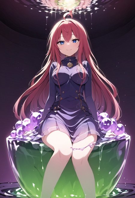 (masterpiece), (score_9, score_8_up, score_7_up,source_anime), 4K8K, best quality, high res image, illustration, Uncorrected, CG, 
(girl view from below. look-up angle:1.3), sexy shot, 
1 fairy girl sitting on a giant grape slime, pretty slime sex, (lot of cubes floating around woman), (hair over breasts, long hair, hair censor:1.4), twinkle grape, white elbow gloves, fairy wings, 
slime, slime like a grape, grape slime, see-through violet slime, 
BREAK
medium breasts, 
(gradient hair, pink and hair, very long hair, red bangs, ahoge, hair over breasts, hair censor), 
(blue eyes, half opened eyes, jitome, smile), 
wearing tube top, cube, 
in orchard, fruit orchard, fruits trees,