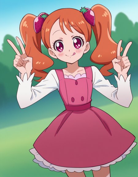 score_9, score_8_up, score_7_up, source_anime,
<lora:ichika-usami-anime-ponyxl-lora-nochekaiser:1>, ichika usami, hair ornament, twintails, pink eyes,
orange hair, long sleeves, dress, pink dress, food-themed hair ornament, strawberry hair ornament,
outdoors, smile, blush, v, v over eye, tongue,
looking at viewer, cowboy shot, dutch angle, solo,