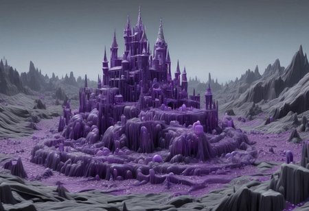 slime-morph, sl1m3d, Gothic Castle made of purple slime, on a gray rocky outcropping