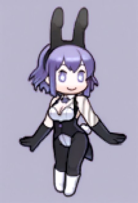 masterpiece, best quality, solo, 1girl, smile, <lora:Feh-Sprites-illus_Fp:1>, chibi, full body, simple background, <lora:Tico-illus_Fp:1>, ticodesu2, purple hair, purple eyes, star-shaped pupils, short hair, playboy bunny, rabbit ears, rabbit tail, black pantyhose, tattoo, detached collar, cleavage, sleeveless, black gloves