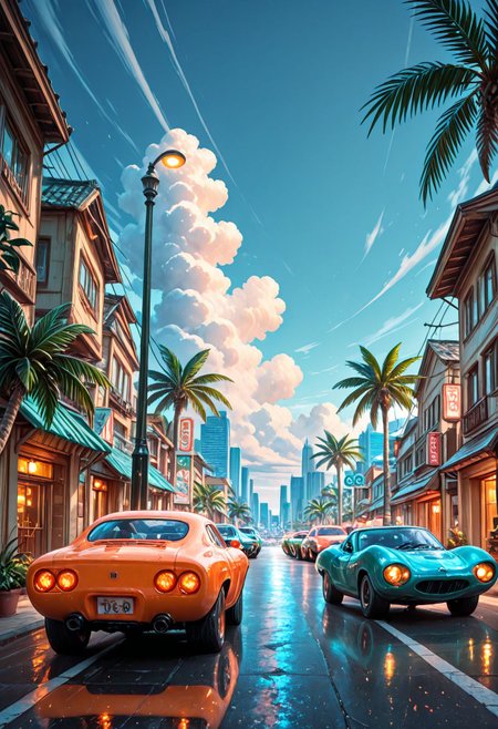 SmoothNoob_Quality,  1980s \(style\), no humans, HDR, tropical, palm trees, city, landscape, summer, very intricate, very detailed, sharp, bright, colorful, cars street, lamppost, <lora:Smooth_Booster:0.5>​​​