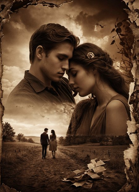 an old photo in sepia tone, torn in half, showing a young couple in love, atmospheric solitude and melancholy of love lost, adorned with moody hues and poignant symbols, under dramatic edge lighting, dynamic composition, intricate details, trending on artstation, masterpiece, 8k <lora:add-detail-xl:2>
