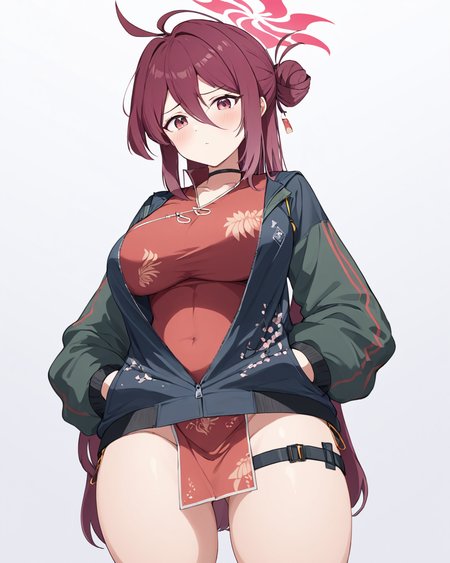 reijo \(blue archive\),1girl, solo, single_hair_bun, thigh_strap, halo, white_background, black_jacket, hand_in_pocket, large_breasts, ahoge, simple_background, mole_under_eye, open_jacket, thighs, black_choker, blush, cowboy_shot, covered_navel, long_sleeves, backpack, parted_lips, red_shirt, partially_unzipped
<lora:reijo_(blue_archive)_image490_2023-12-03:1>halo. gorgeous,key visual, vibrant, studio anime,award-winning, professional, highly detailed,high budget, cinemascope