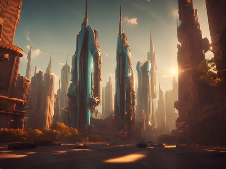 city skyline, skyscrapers, god rays, volumetric lighting, 10mm, retrofutur5-400, perfect composition, depth of field, sharp focus, centered
