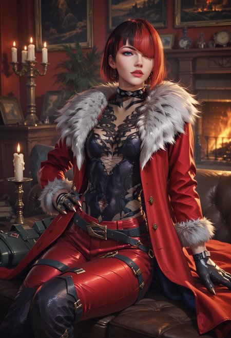 (score_9, score_8_up), score_7_up,  <lora:PonyAnn4W:1> Ann4W, 1girl, red coat, pants, belt, gloves, claws, sitting, living room, candles, fireplace,